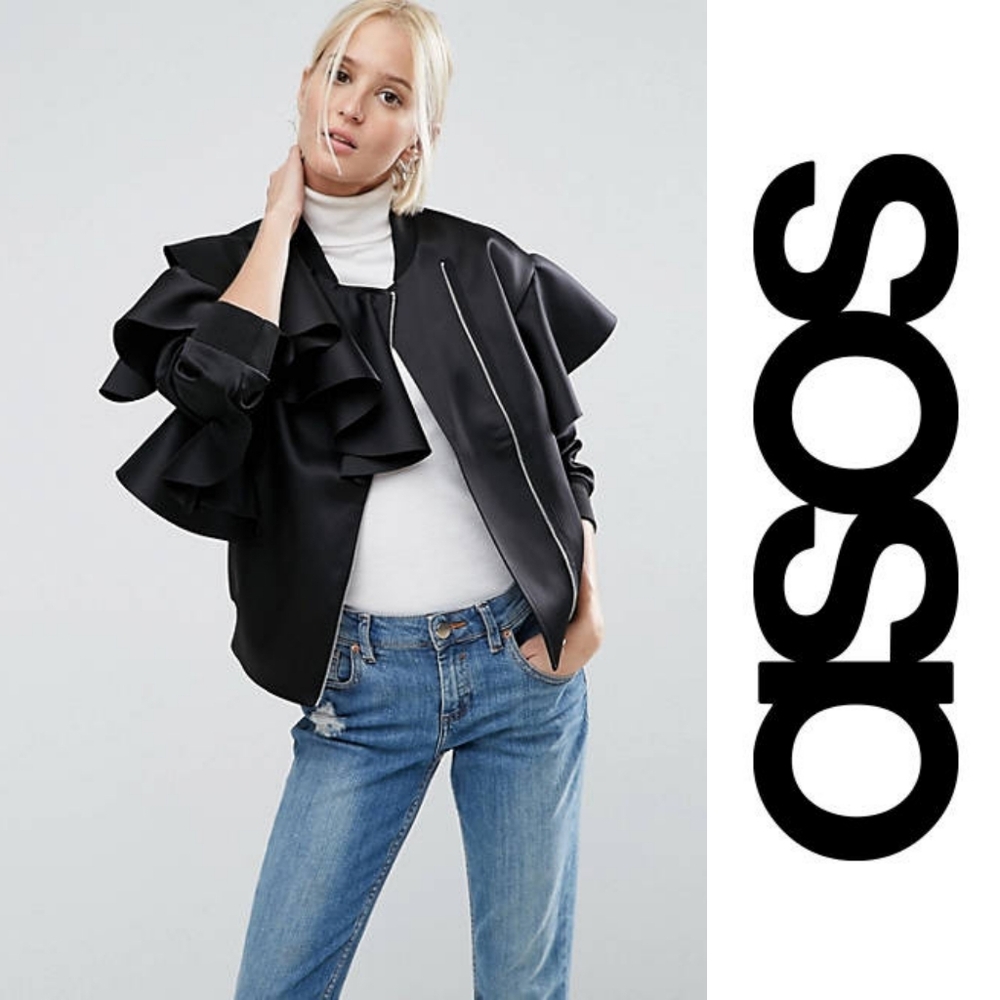 ASOS Black Ruffle Sleeve Bomber Jacket
